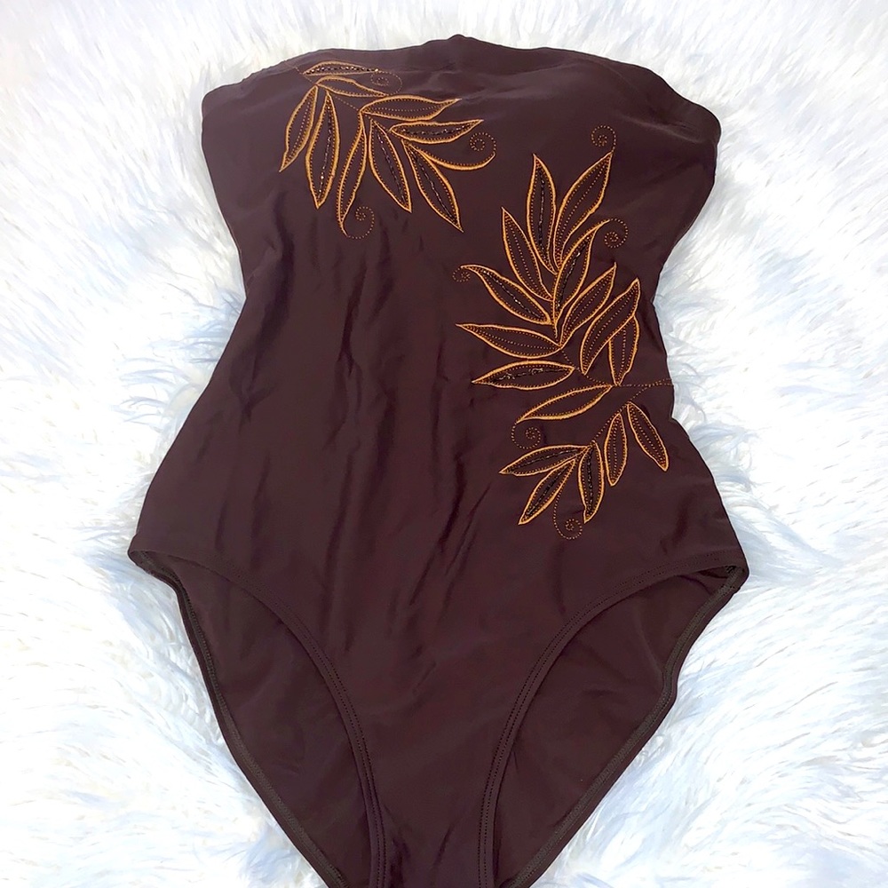 Strapless Brown One-Piece Swimsuit with Gold Leaf Embroidery